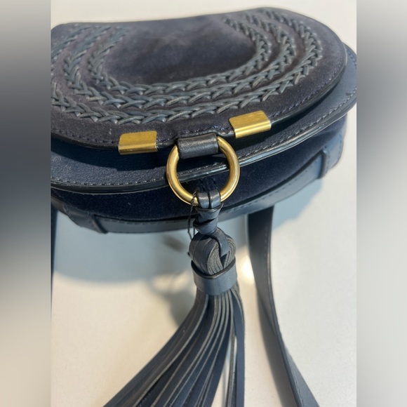 Chloe Marcie Crossbody Saddle Bag Midnight Blue Suede with tassel. - Picture 9 of 12